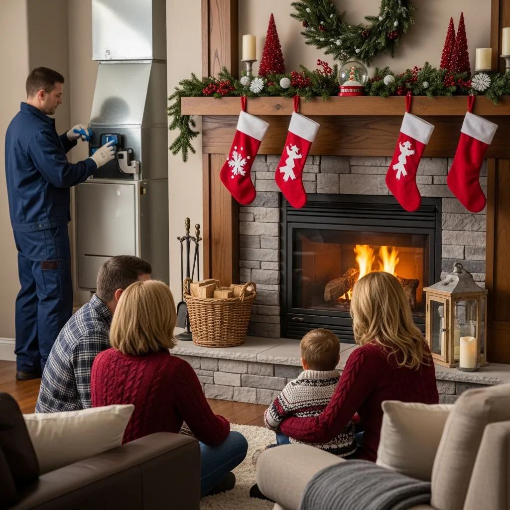 HVAC Blog 6 Family enjoying warmth in a cozy living room while a technician inspects a furnace