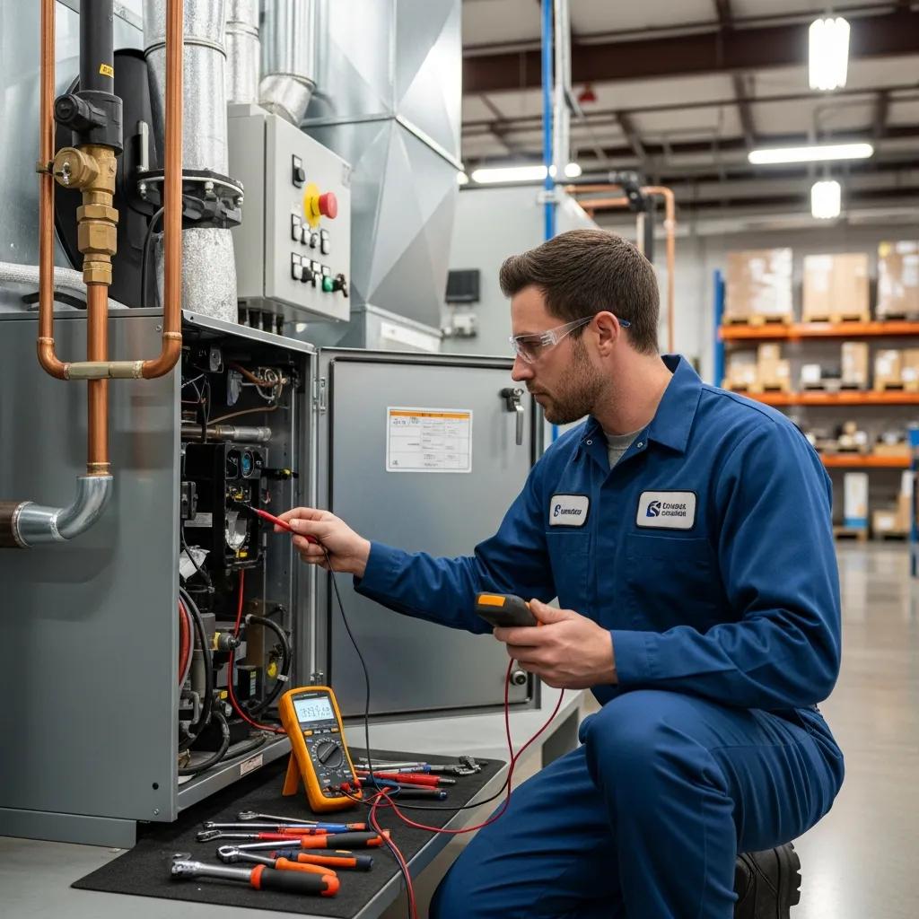 HVAC Blog 5 Technician inspecting a commercial heating system, emphasizing HVAC expertise and service reliability