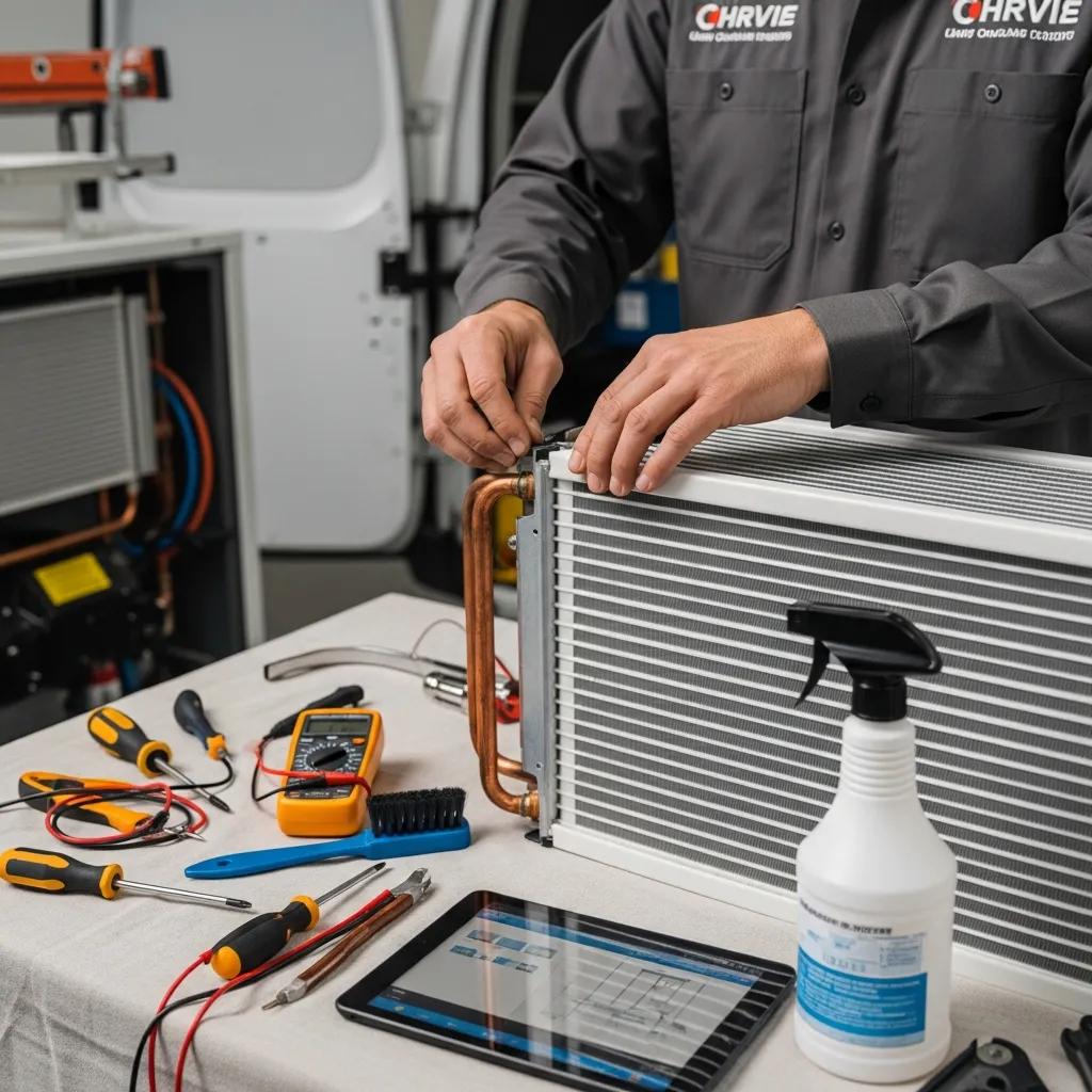 Technician cleaning an evaporator coil to improve system efficiency