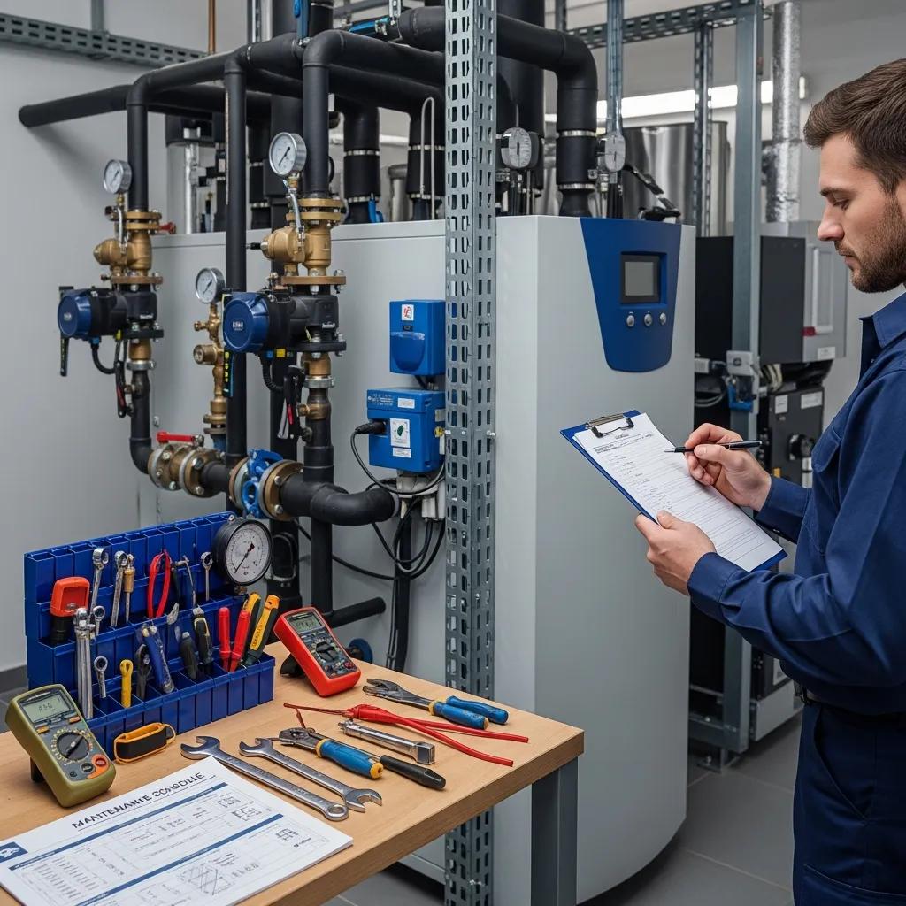Technician reviewing a commercial heating maintenance checklist
