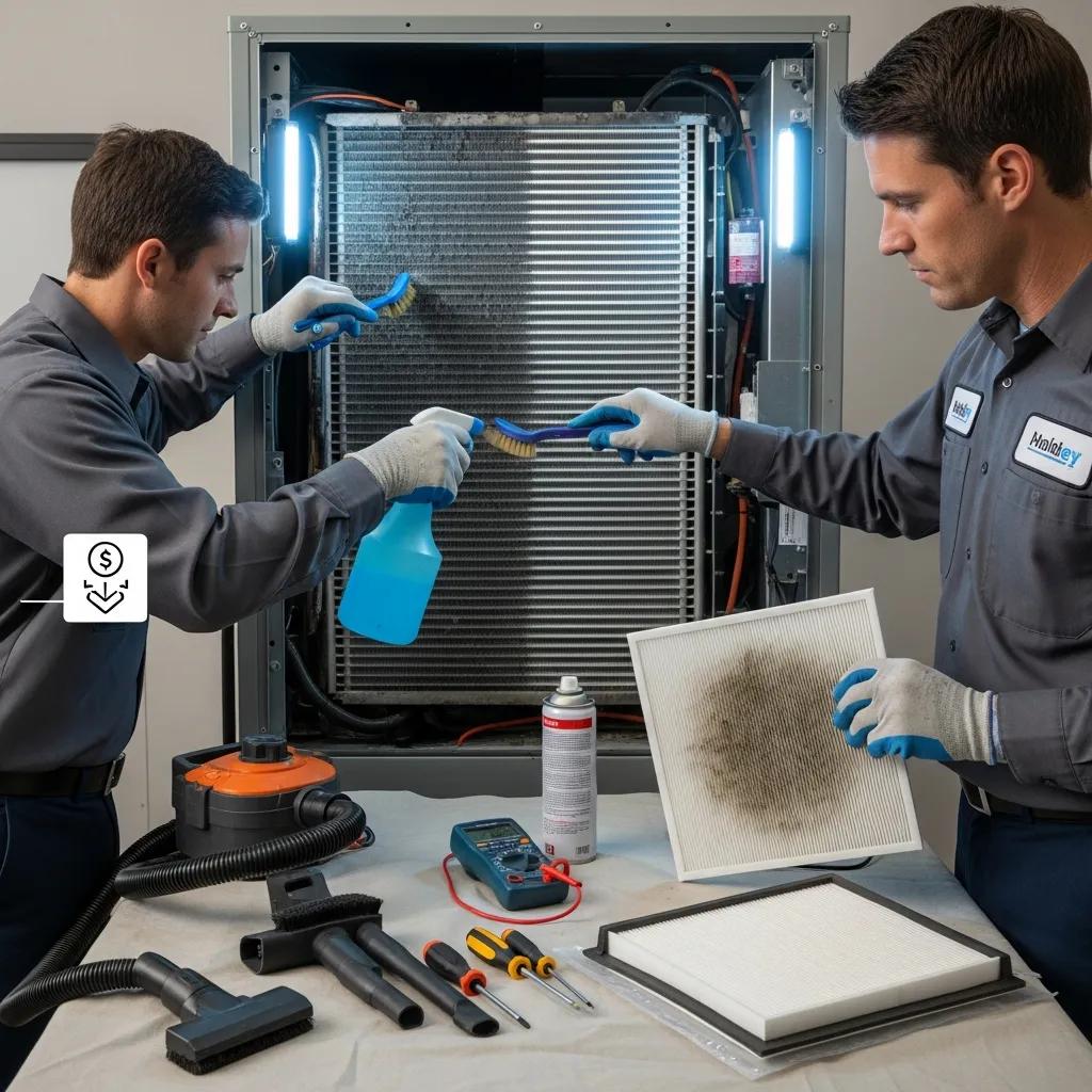HVAC technician performing seasonal service to improve system energy efficiency