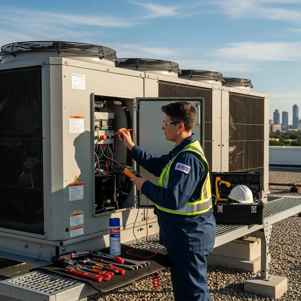 HVAC Blog 3 Commercial HVAC technician performing maintenance on HVAC unit in a business environment