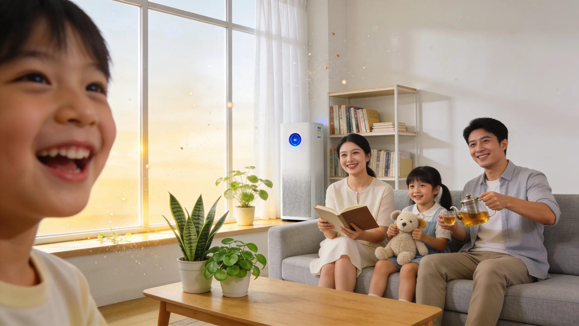 HVAC Blog 1 Cozy living space with family surrounded by plants and air purification devices promoting healthy indoor air quality