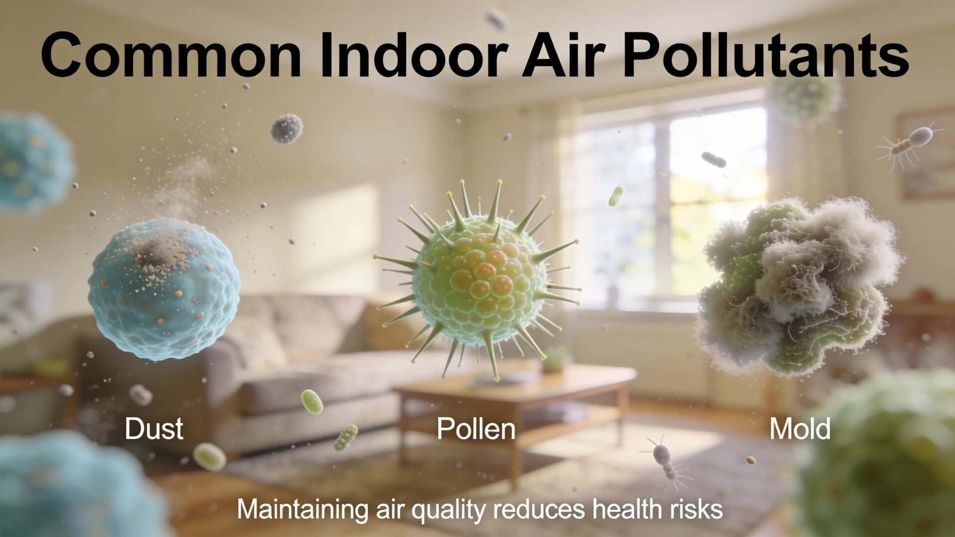 Why Indoor Air Quality Matters for Your Health 2 Close-up of indoor air pollutants - dust, pollen, and mold in a home setting highlighting health risks